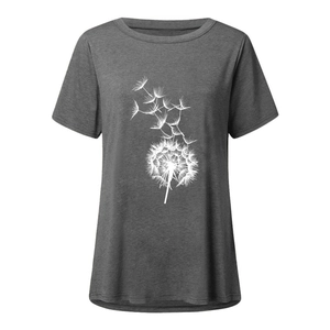 Close-up of white dandelion print on dark grey women's round neck short sleeve T-shirt