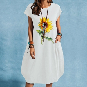 Vestido midi de algodón y lino blanco para mujer con estampado de girasol y bolsillos