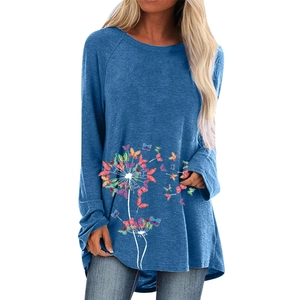 T-shirt femme bleu marine à manches longues avec imprimé pissenlit et papillons