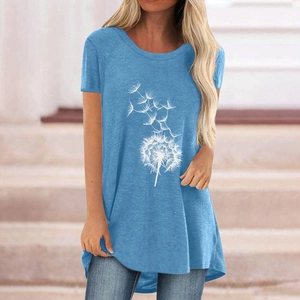 Women's light blue casual t-shirt with white dandelion print and high-low hem design
