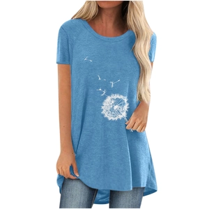 Detail of light blue t-shirt with dandelion print and asymmetrical high-low hem design