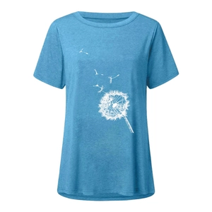 Detail of white dandelion print on breathable light blue casual crew neck T-shirt