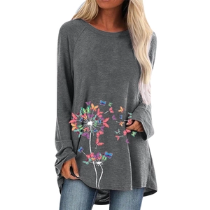 T-shirt manches longues pour femmes avec imprimé pissenlit papillon gris foncé