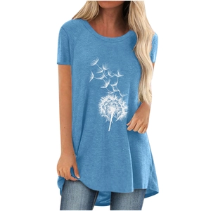 Detail of light blue t-shirt with dandelion print and curved hemline on model