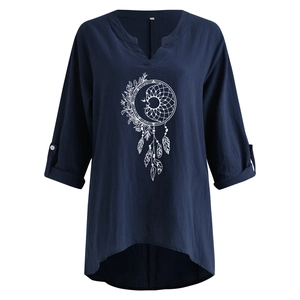 Detail of navy blue cotton linen V-neck blouse with white dreamcatcher print and buttons