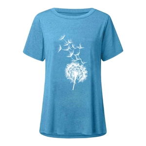 Close-up of white dandelion floral print on a blue casual round neck women's T-shirt