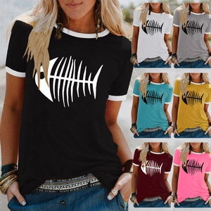 T-shirt à Manches Courtes pour Femmes Imprimé Arête de Poisson Bordure Contrastée Col Rond Décontracté Mélange de Coton Top