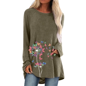 T-shirt femme à manches longues ample vert olive avec imprimé pissenlit et papillon