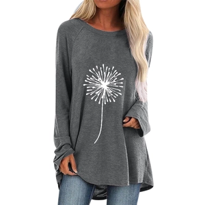 T-shirt manches longues gris foncé pour femme avec imprimé graphique de pissenlit créatif
