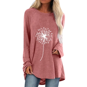 T-shirt femme rose vintage à manches longues avec imprimé pissenlit et ourlet arrondi