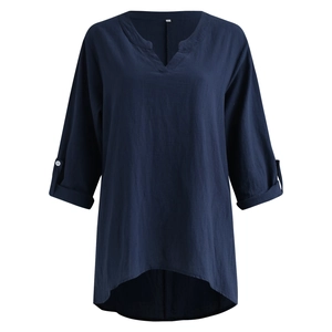 Detail of navy blue V-neck linen shirt with adjustable button sleeves and high-low hem