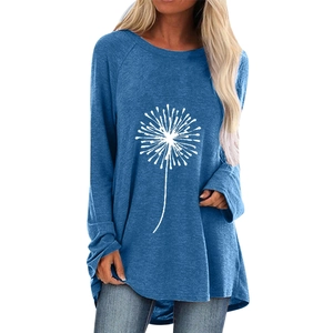 T-Shirt Décontracté pour Femmes Imprimé Pissenlit Manches Longues Col Rond Raglan Ourlet Irrégulier Tunique Mélange de Coton