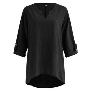 Detail of V-neck cotton linen blouse in black with adjustable sleeves and high-low hem