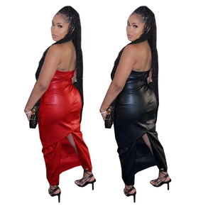 Sexy Damen PU Kunstleder Maxi Kleid Trägerlos Bandeau Bodycon Langes Kleid Mit Seitlichem Reißverschluss Rückenschlitz Schlank