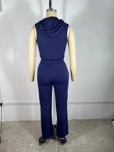 Vue arrière d'un ensemble bleu marine deux pièces avec haut à capuche et pantalon rayé