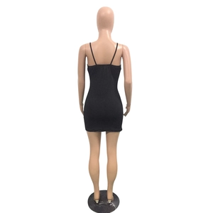Detailed back view of a black bodycon sequin mini dress featuring thin spaghetti straps