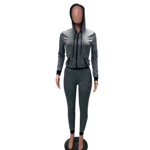 Detail view of heather grey two-piece tracksuit with zip hoodie and joggers on mannequin