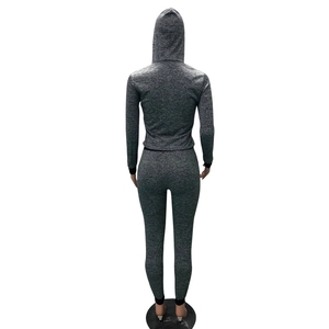 Back view of grey marl knitted two-piece tracksuit with long sleeve hoodie and leggings