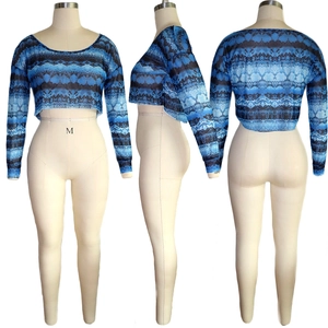 Three-way view of blue snakeskin print mesh cropped top with round neck for women