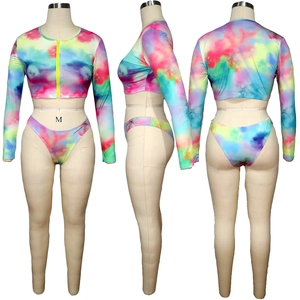 Detailed front, side, and back views of a colorful tie-dye long sleeve two-piece swimsuit set