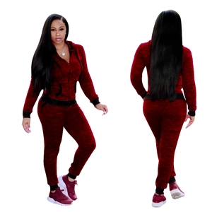 Women's 2-piece burgundy hooded tracksuit set with zip-up jacket and matching joggers