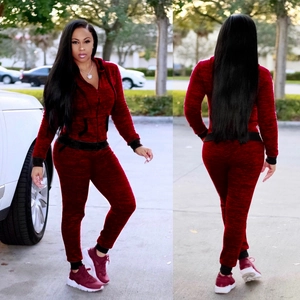 Women's burgundy marl tracksuit with hooded zip jacket and matching pants two-piece set