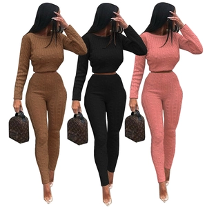 Women's three-color cable knit two-piece set with long sleeves and slim fit trousers