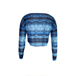 Detailed view of snake skin print texture on a blue long sleeve mesh crop top shirt