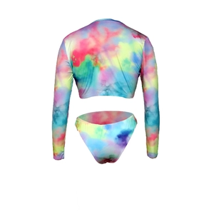 Back view of a long-sleeved two-piece swimsuit set with vibrant colorful tie-dye print