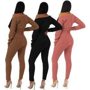 Women's 2-piece cable knit sweater set with off-shoulder top and slim pants in 3 colors