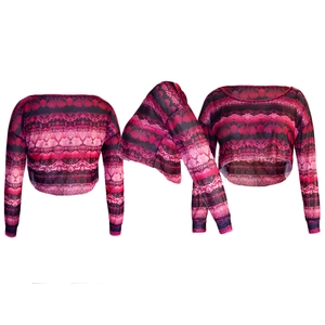 Detailed views of women's long sleeve crop top with vibrant snakeskin pattern print