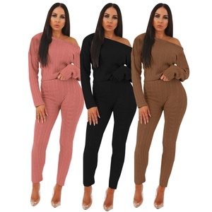 Women's cable knit two-piece set featuring off-shoulder top and slim pants in three colors
