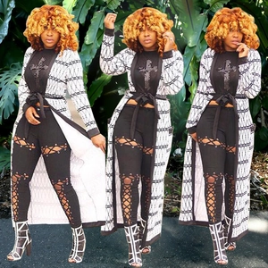 Women's 3-piece set with cross print t-shirt, geometric cardigan, and cutout pants