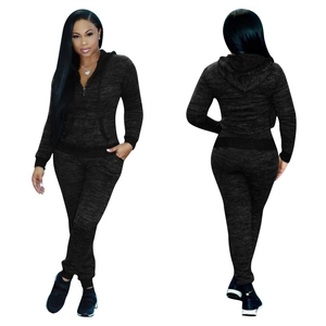Women's heather gray two-piece tracksuit set with zip-up hoodie and matching joggers