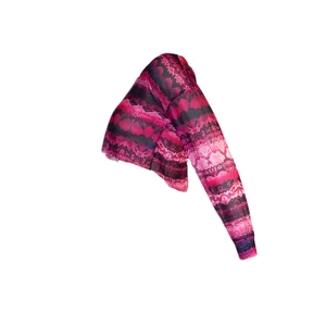 Close-up of pink and black snakeskin print mesh top sleeve showing fabric texture