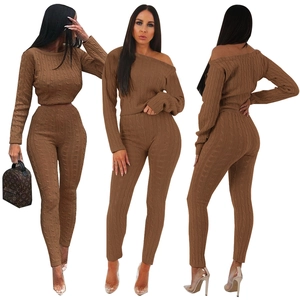 Three-view perspective of brown cable knit high-waist sweater and slim-fit pants set