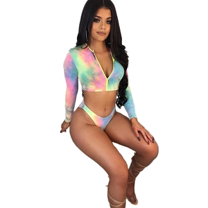 Women's two-piece tie-dye swimsuit with long sleeve zipper crop top and bikini bottom