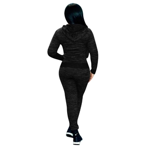 Rear view of a two-piece slim fit hooded tracksuit set in dark charcoal melange grey