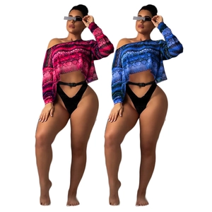 Women's sexy snake print mesh crop top with one-shoulder long sleeves in red and blue