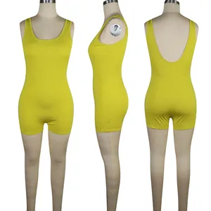 Three-view display of a bright yellow sleeveless bodysuit with deep U-back design