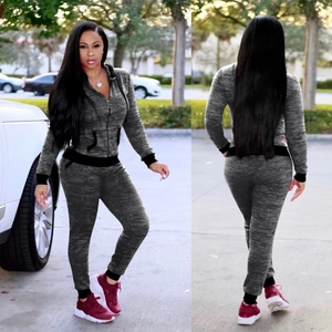 Women's two-piece heather grey hooded tracksuit with black contrast ribbed trim details