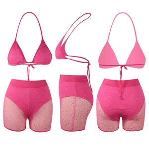 Three views of a pink sequined bikini set with halter top and mesh patchwork shorts