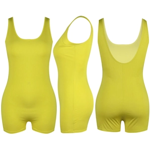 Three views of a sleeveless neon yellow romper showing the U-neck and deep back cut
