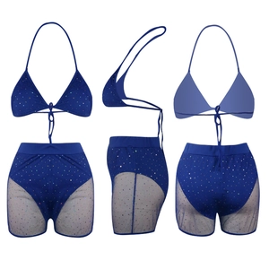 Three-view detail of royal blue sequined bikini set with mesh panels and rhinestones