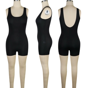 Detailed three-way view of a black sleeveless bodysuit with a deep U-back design
