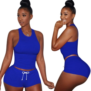Completo sportivo da donna in due pezzi blu reale con canotta e pantaloncini con coulisse