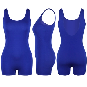 Three-view layout of royal blue sleeveless bodysuit featuring a deep U-back design
