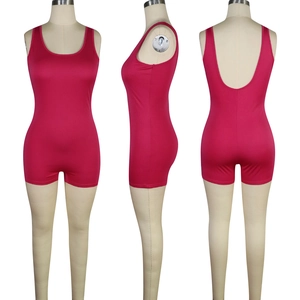 Three views of a sleeveless rose red unitard bodysuit featuring a deep U-back design