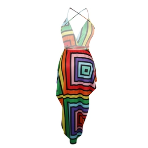 Detail of cross straps on backless V-neck dress with colorful geometric print