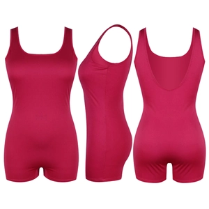 Three-way view of rose red sleeveless bodysuit showing front, side and open back details